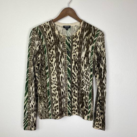 Worth NY | 100% Wool Mixed Animal Print Lightweight Button Cardigan Sweater - Picture 5 of 8